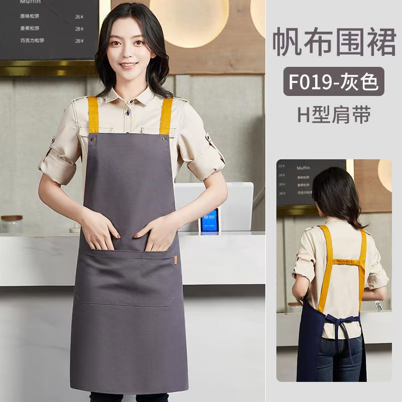 Female and male washable and adjustable service staff waterproof canvas pocket custom printed logo chef kitchen apron